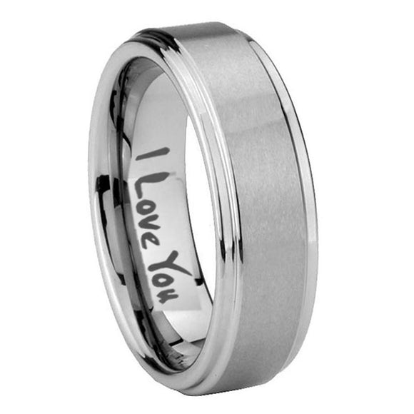 8mm I Love You Step Edges Brushed Tungsten Carbide Mens Ring Engraved