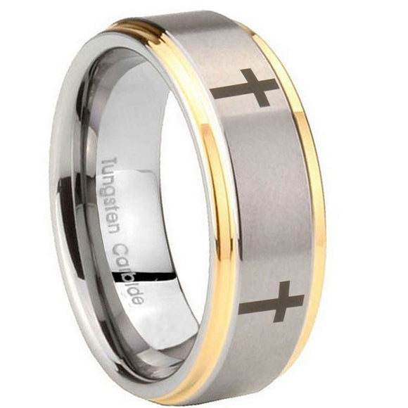 8mm Crosses Step Edges Gold 2 Tone Tungsten Carbide Men's Ring