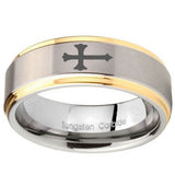 8mm Christian Cross Step Edges Gold 2 Tone Tungsten Carbide Engraved Ring