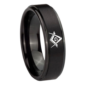 8mm Freemason Masonic Step Edges Brush Black Tungsten Carbide Bands Ring