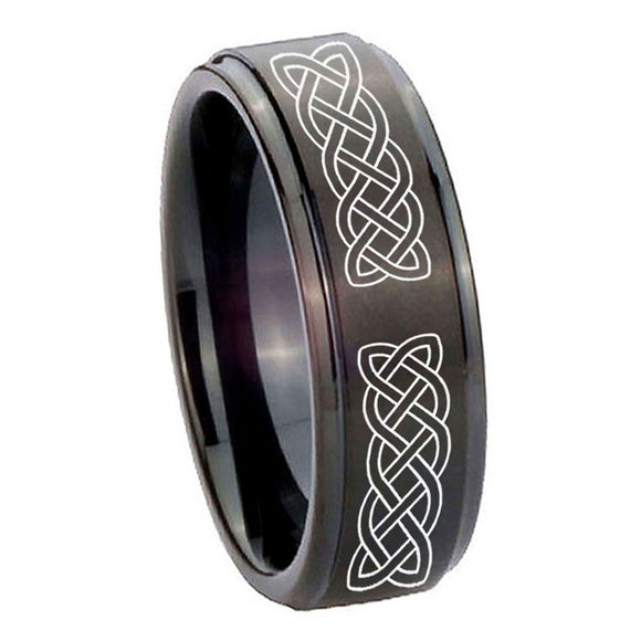 10mm Celtic Knot Step Edges Brush Black Tungsten Carbide Mens Promise Ring