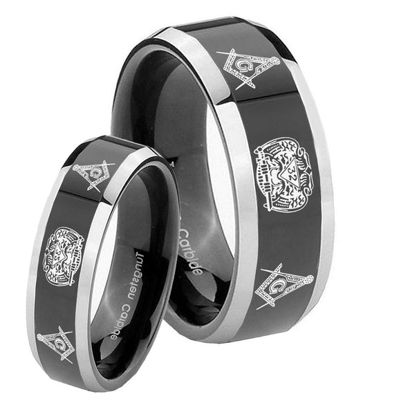 His Hers Masonic 32 Design Beveled Glossy Black 2 Tone Tungsten Rings Set