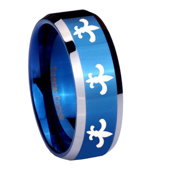 8mm Multiple Fleur De Lis Beveled Blue 2 Tone Tungsten Custom Ring for Men
