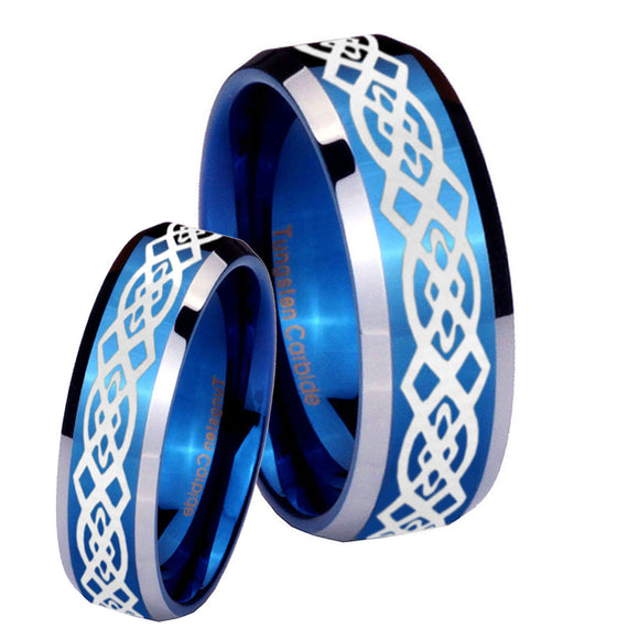 His Hers Celtic Knot Beveled Edges Blue 2 Tone Tungsten Mens Promise Ring Set