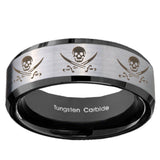 10mm Multiple Skull Pirate Beveled Brushed Silver Black Tungsten Promise Ring