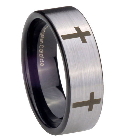 8mm Crosses Pipe Cut Brushed Silver Tungsten Carbide Men's Engagement Ring