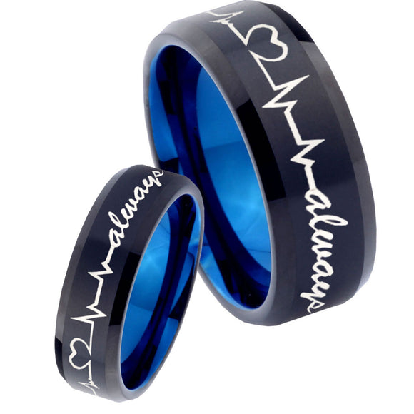 His Hers Heart Beat forever Heart always mores Bevel Tungsten Blue Ring Set