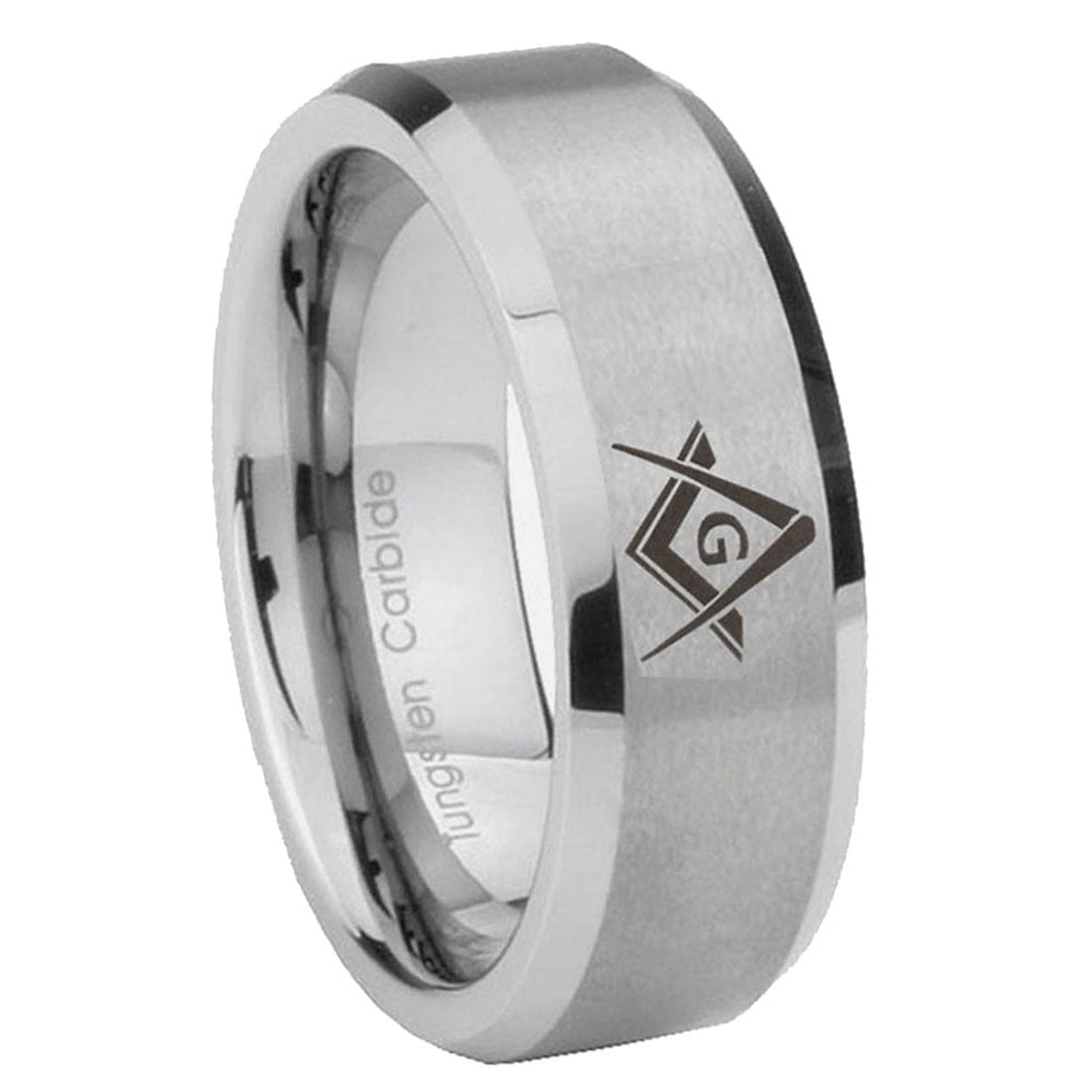 8MM Freemason Masonic Beveled Brushed Gray Tungsten Rings For Men