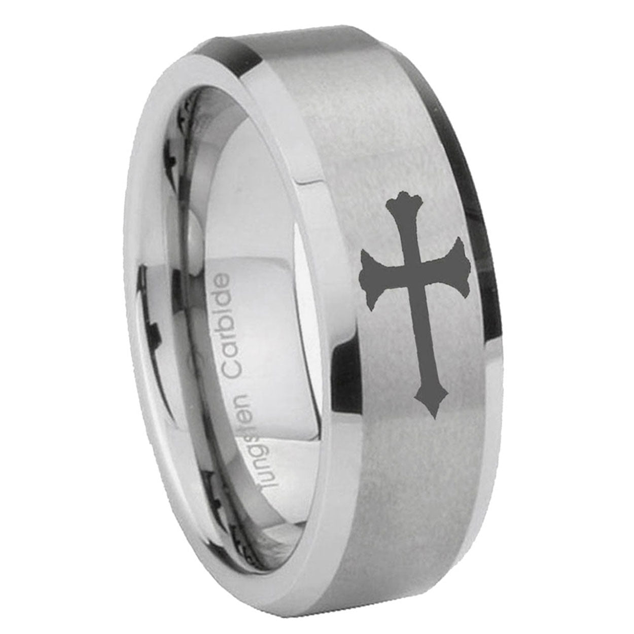 8MM Christian Cross Beveled Brushed Gray Tungsten Promise Ring For Men