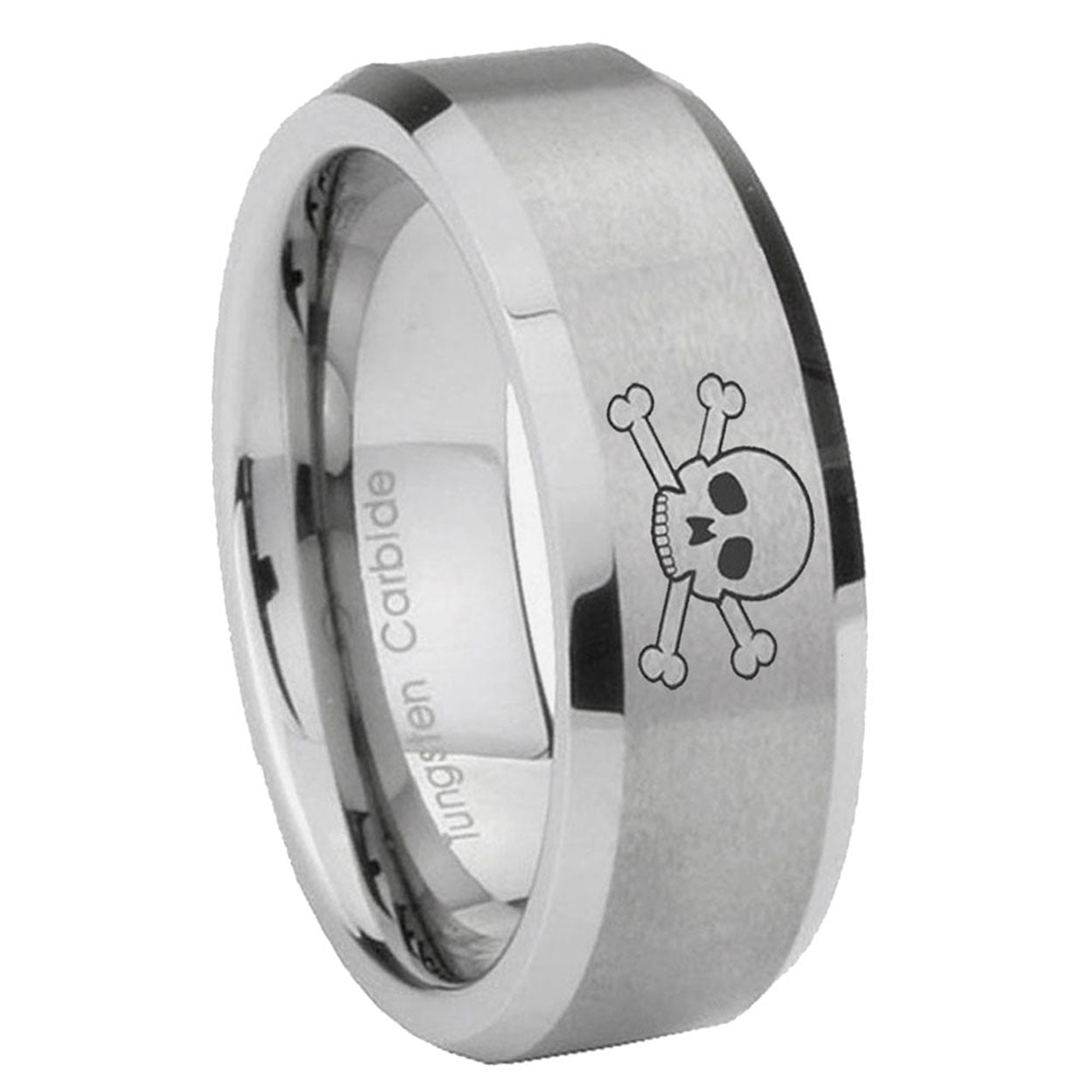 8MM Skull Beveled Brushed Gray Tungsten Mens Casual Ring