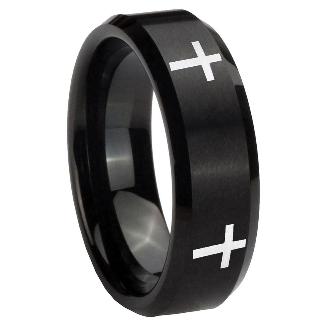 8MM Crosses Beveled Brushed Black Tungsten Ring For Man