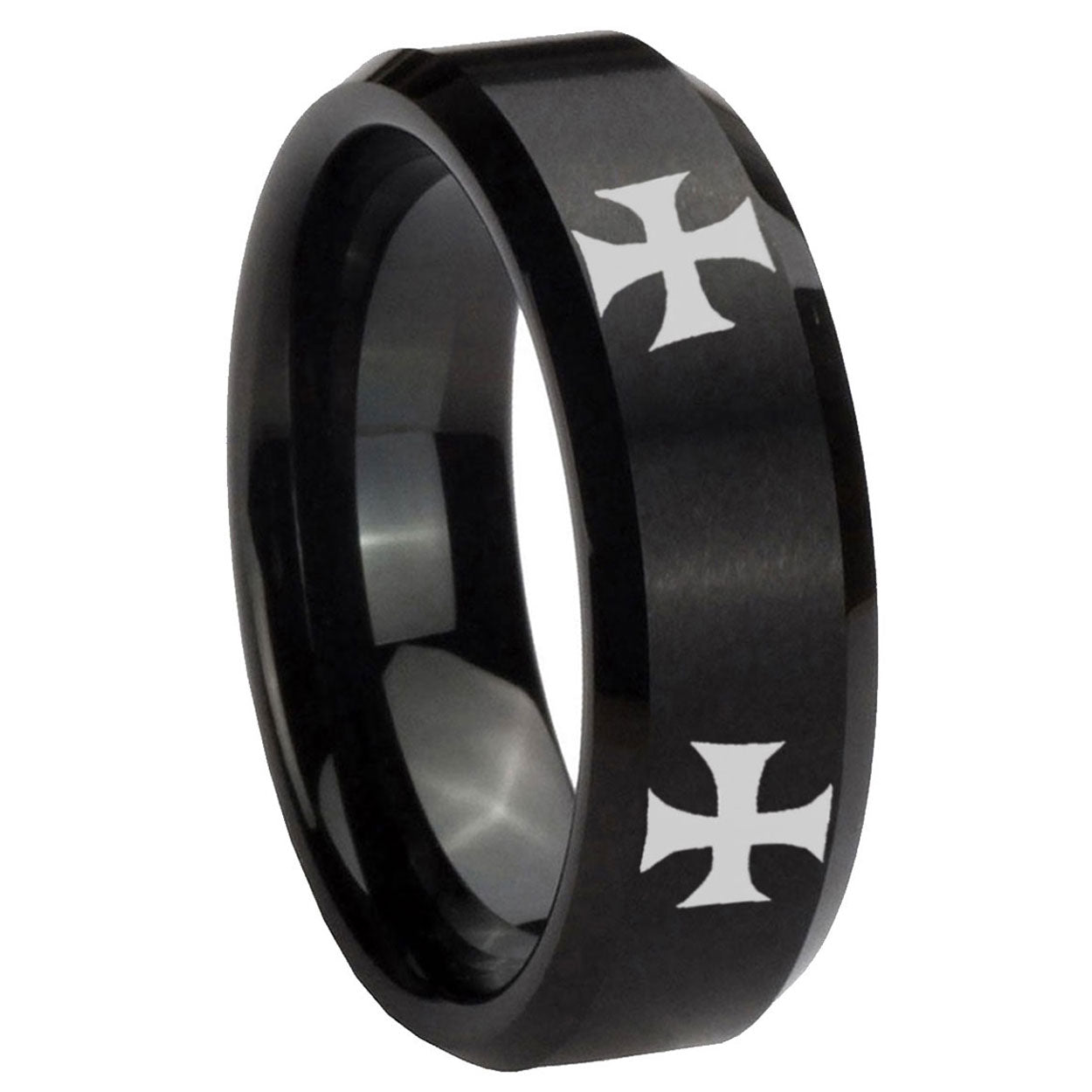 8MM 4 Maltese Cross Beveled Brushed Black Tungsten Ring
