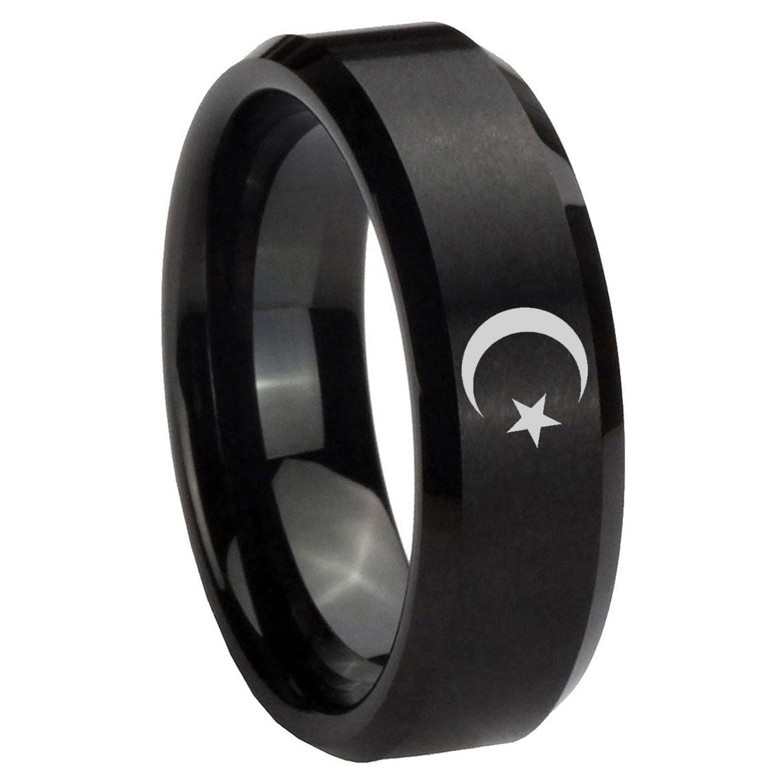 8MM Crescent Moon Stars Beveled Brushed Black Tungsten Engravable Ring