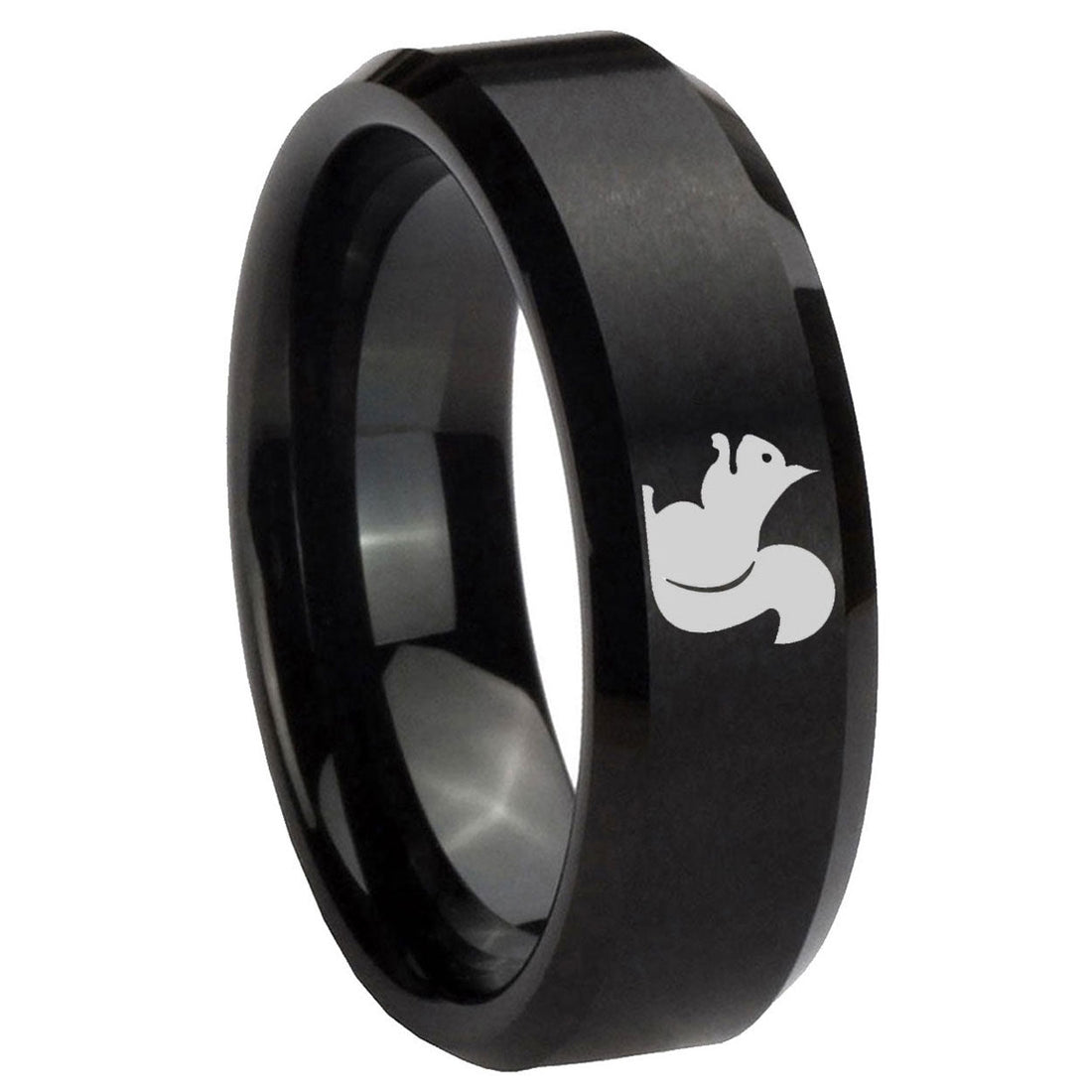 8MM Squirrel Beveled Brushed Black Tungsten Engravable Ring