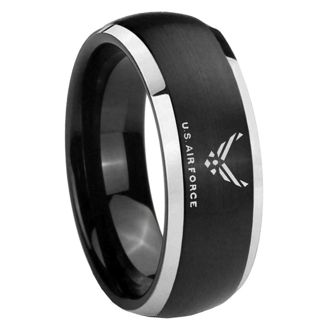 8mm Matte Brush Black Dome US Air Force 2 Tone Tungsten Ring