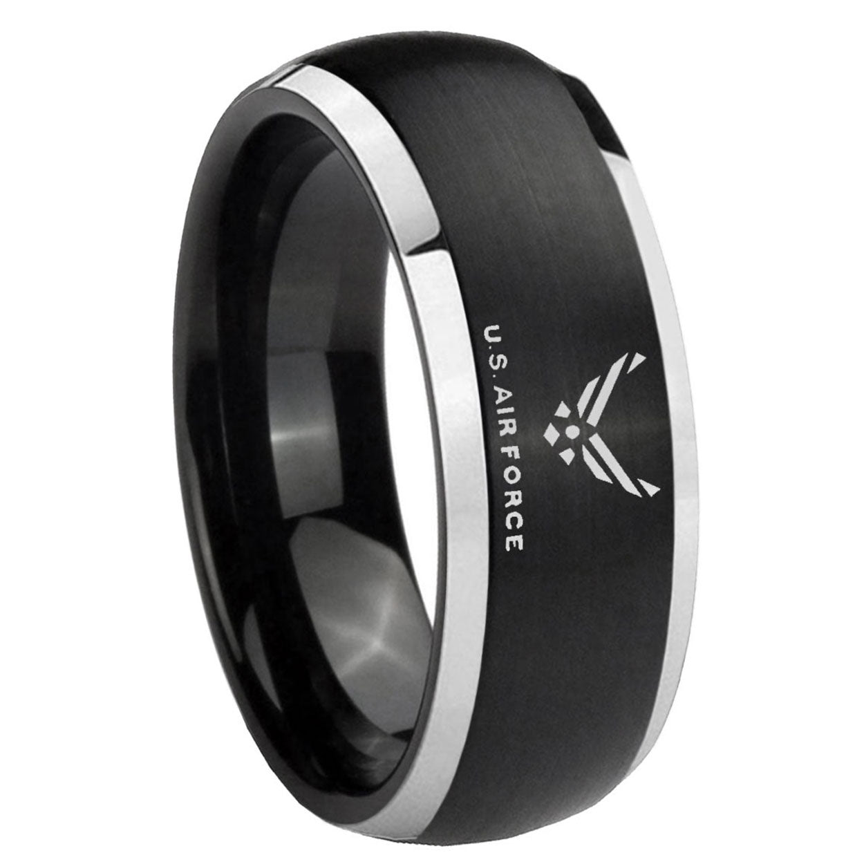 8mm Matte Brush Black Dome US Air Force 2 Tone Tungsten Ring
