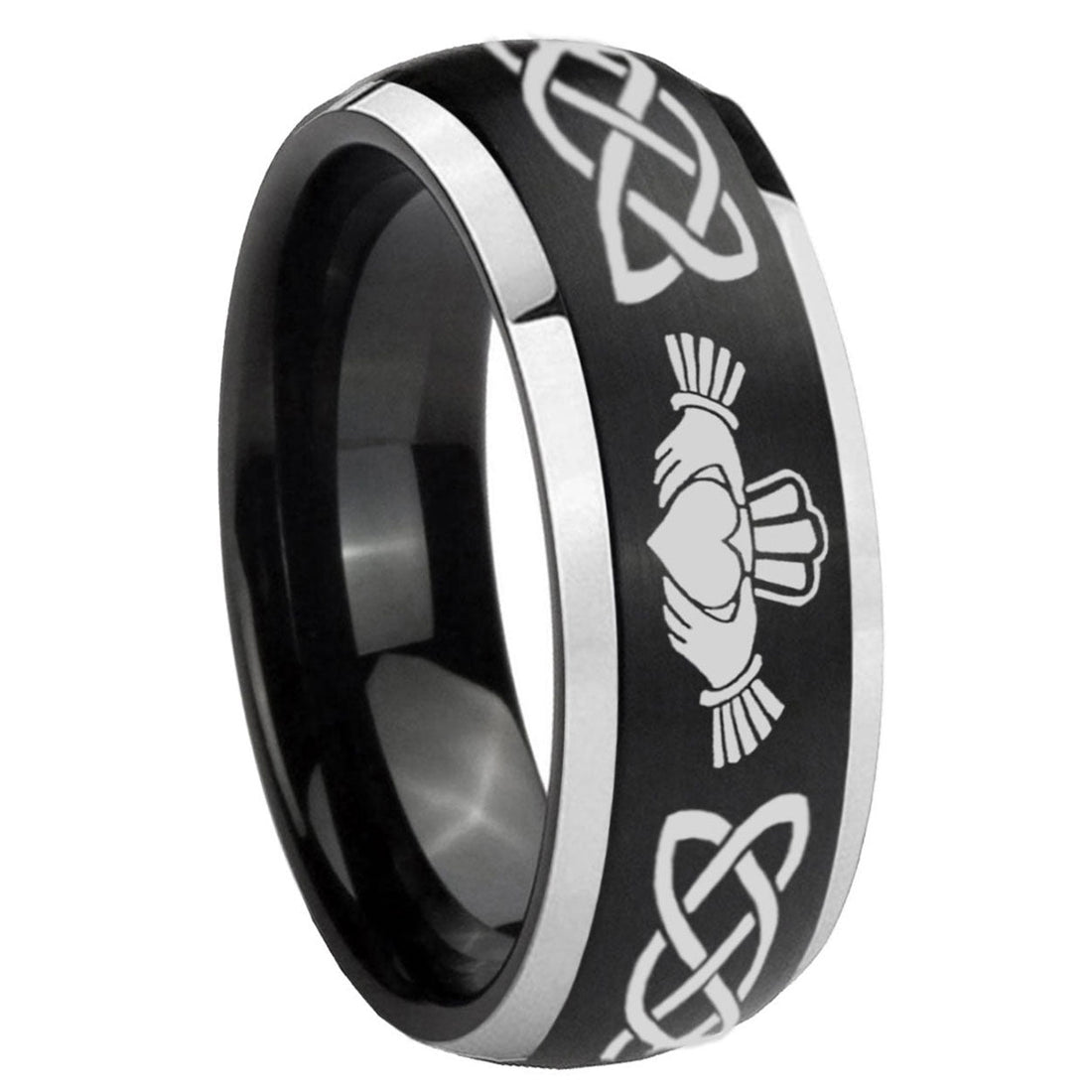 8mm Irish Claddagh Dome Brushed Black 2 Tone Tungsten Ring