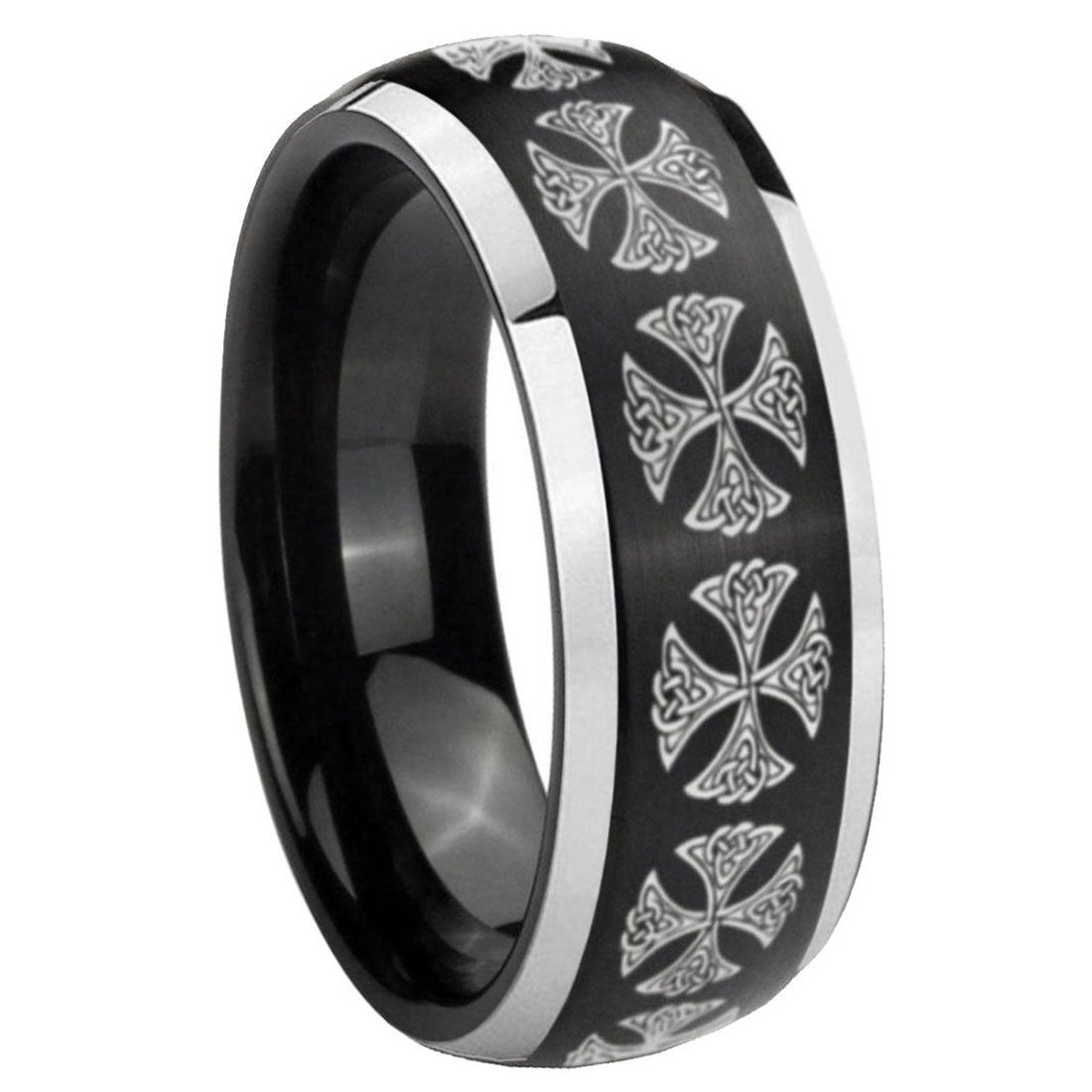 8mm Medieval Cross Dome Brushed Black 2 Tone Tungsten Ring