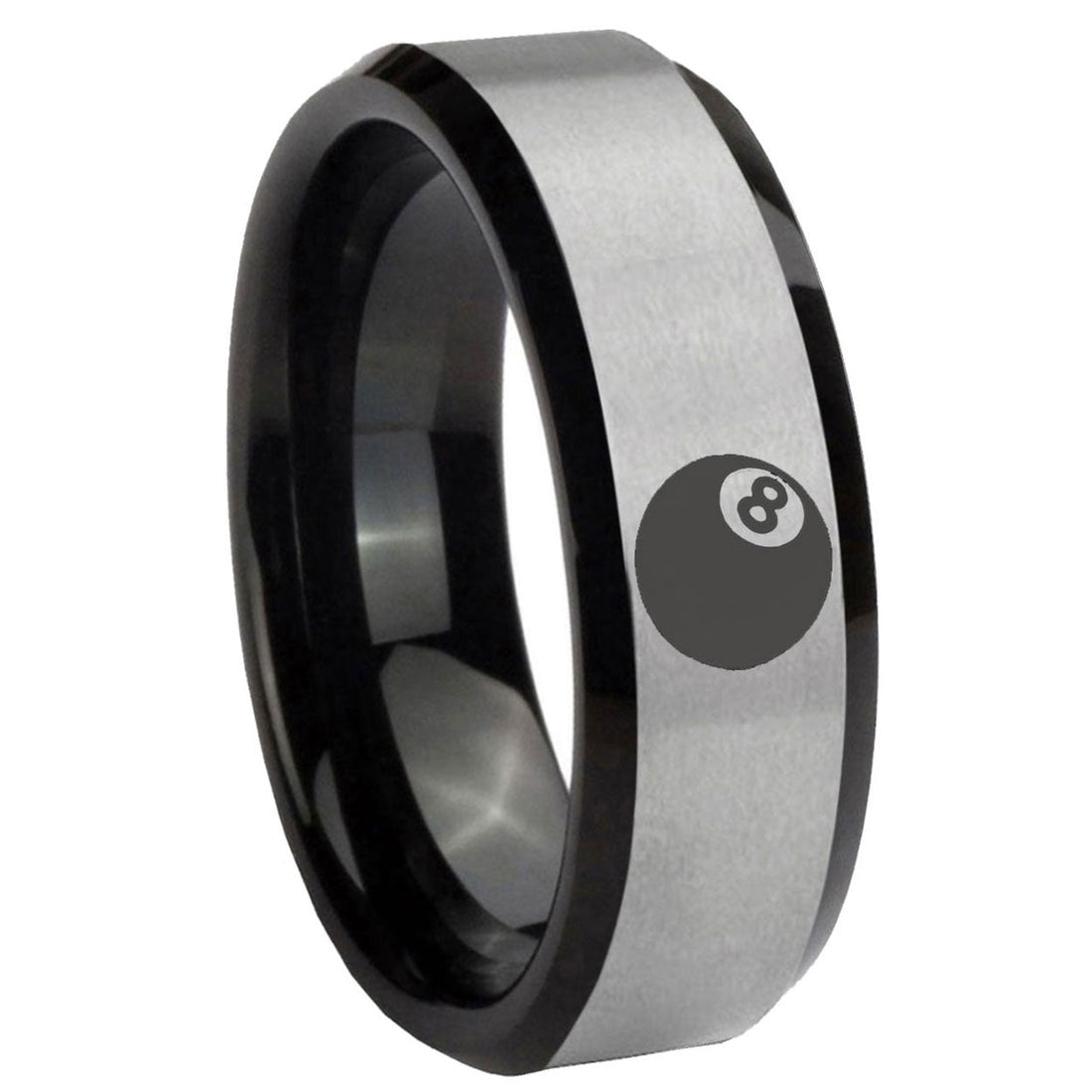 8MM 8 Ball Beveled Black Gray Tungsten Ring Men