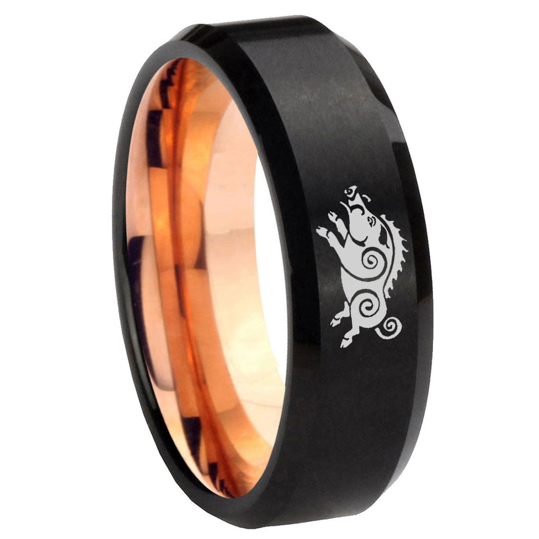 8MM Wild Boar Beveled Rose Gold Black Tungsten Promise Ring