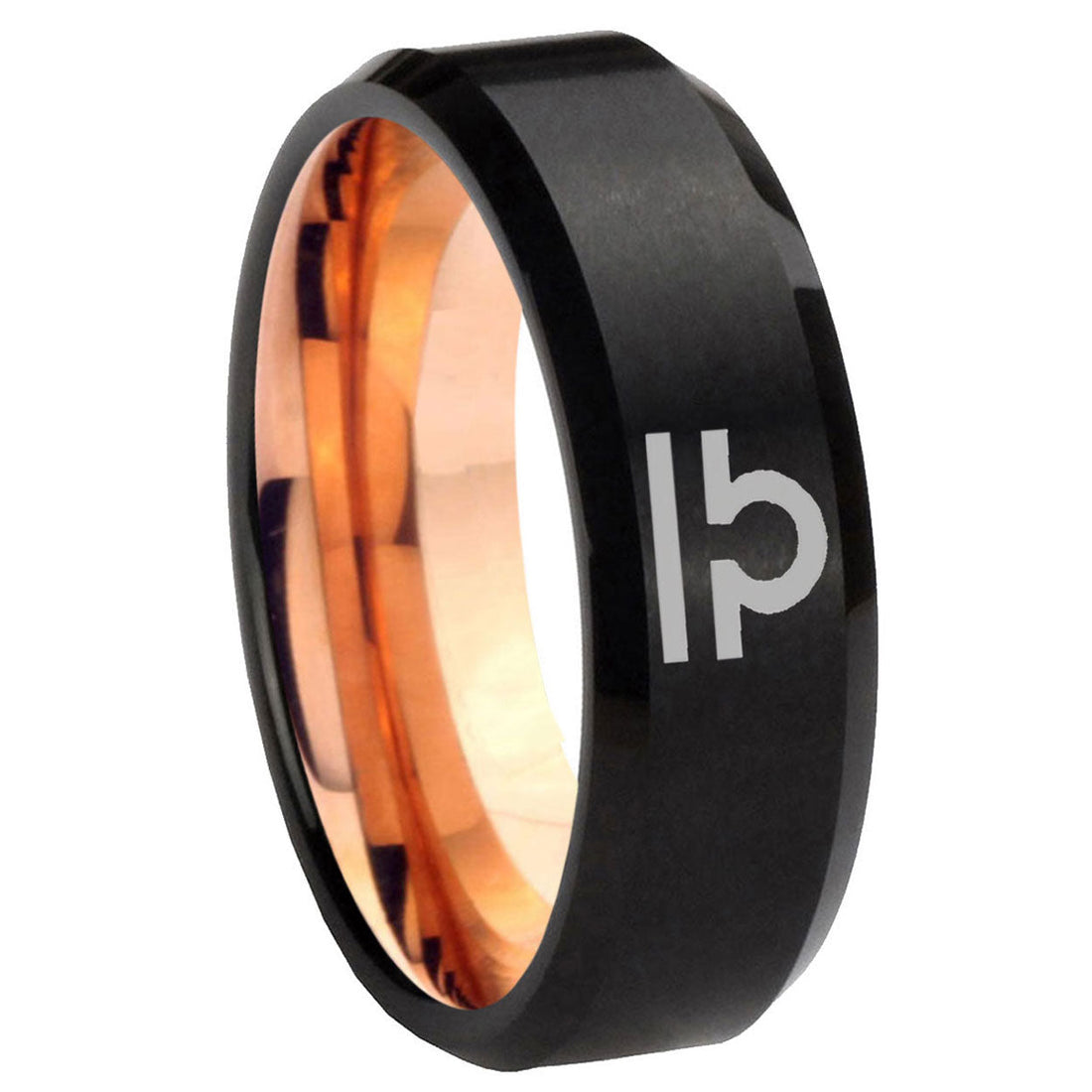 8MM Libra Horoscope Beveled Rose Gold Black Tungsten Mens Engagement Ring
