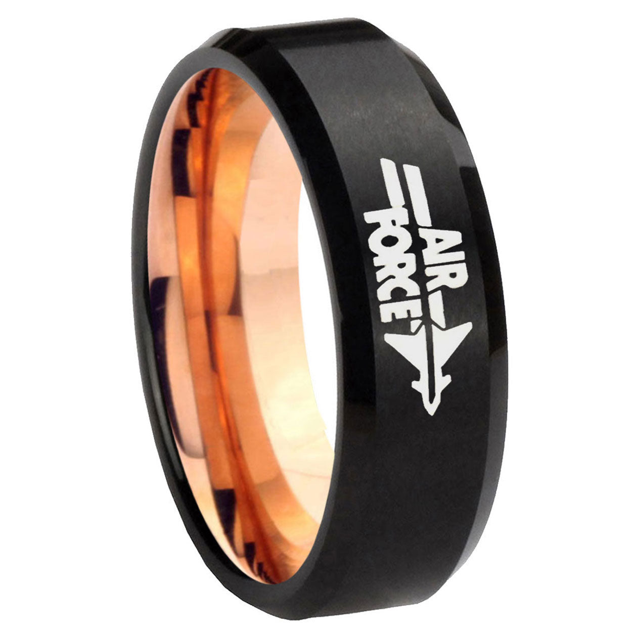 8MM Air Force Beveled Rose Gold Black Tungsten Band For Men