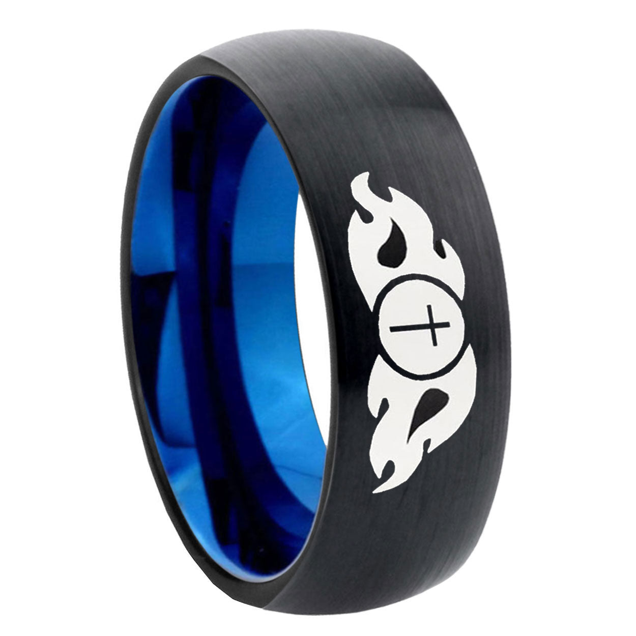 8MM Flamed Cross Dome Blue Black Tungsten Ring Men