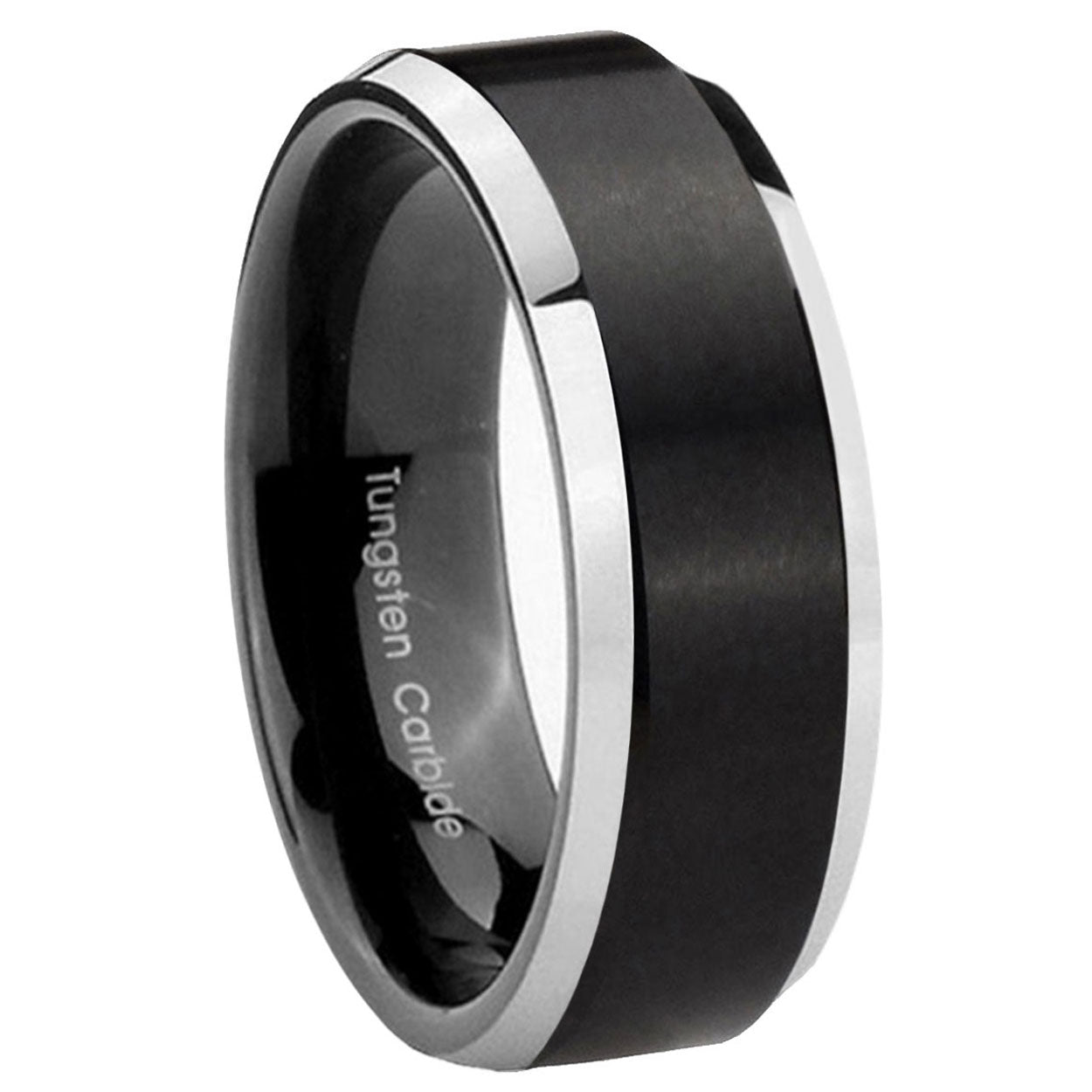 Beveled Brushed Black Tungsten Rings with Silver Edges