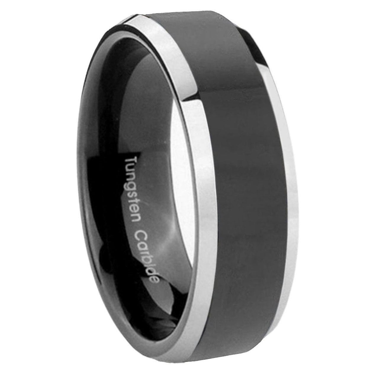 Beveled Edge High Polish Black Tungsten Rings with Silver Edges