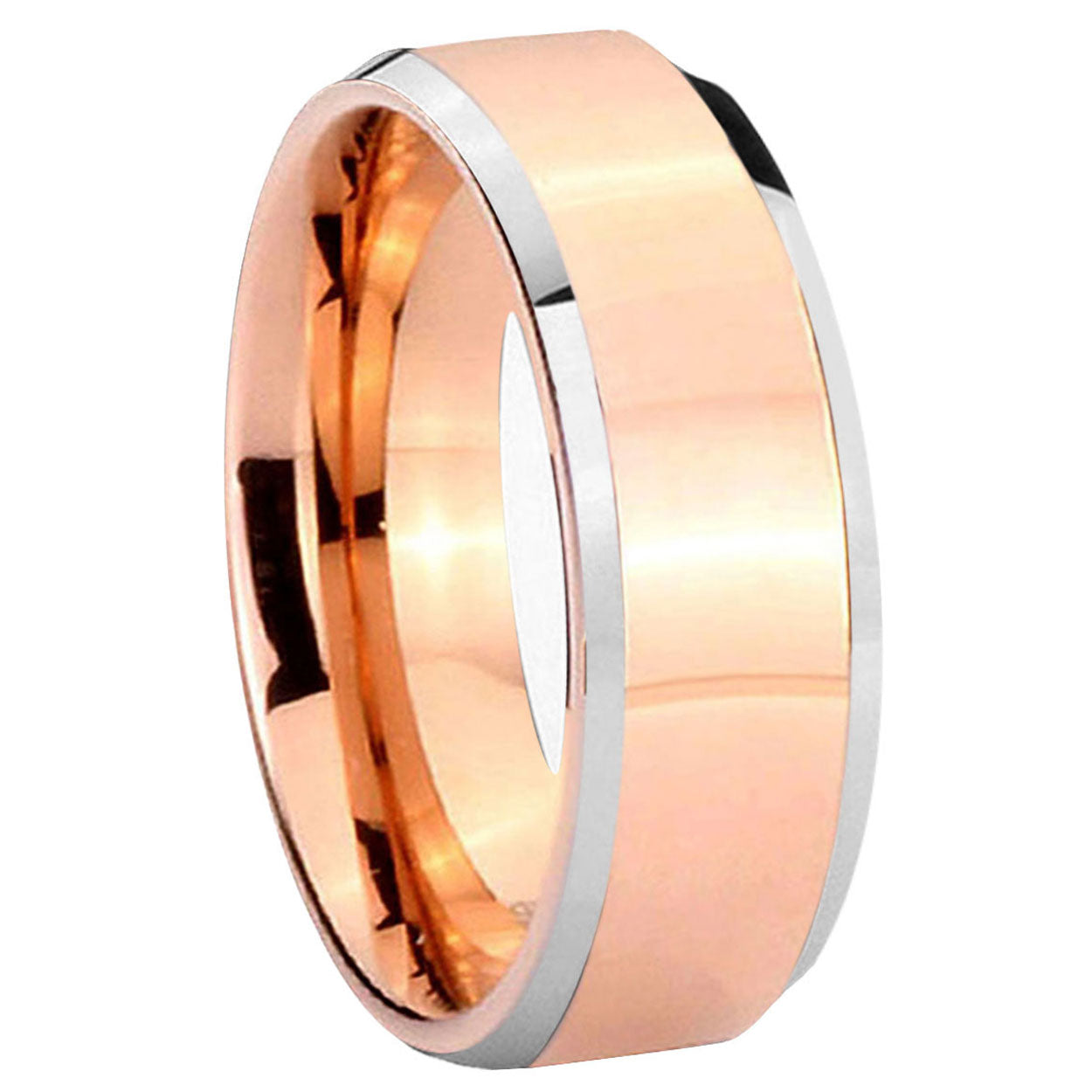 Beveled Edge High Polish Rose Gold Tungsten Rings with Silver Edges