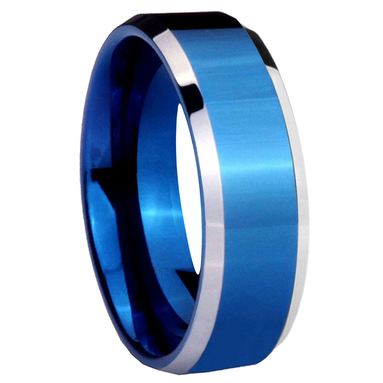 Beveled Blue Tungsten Custom Engraved Rings