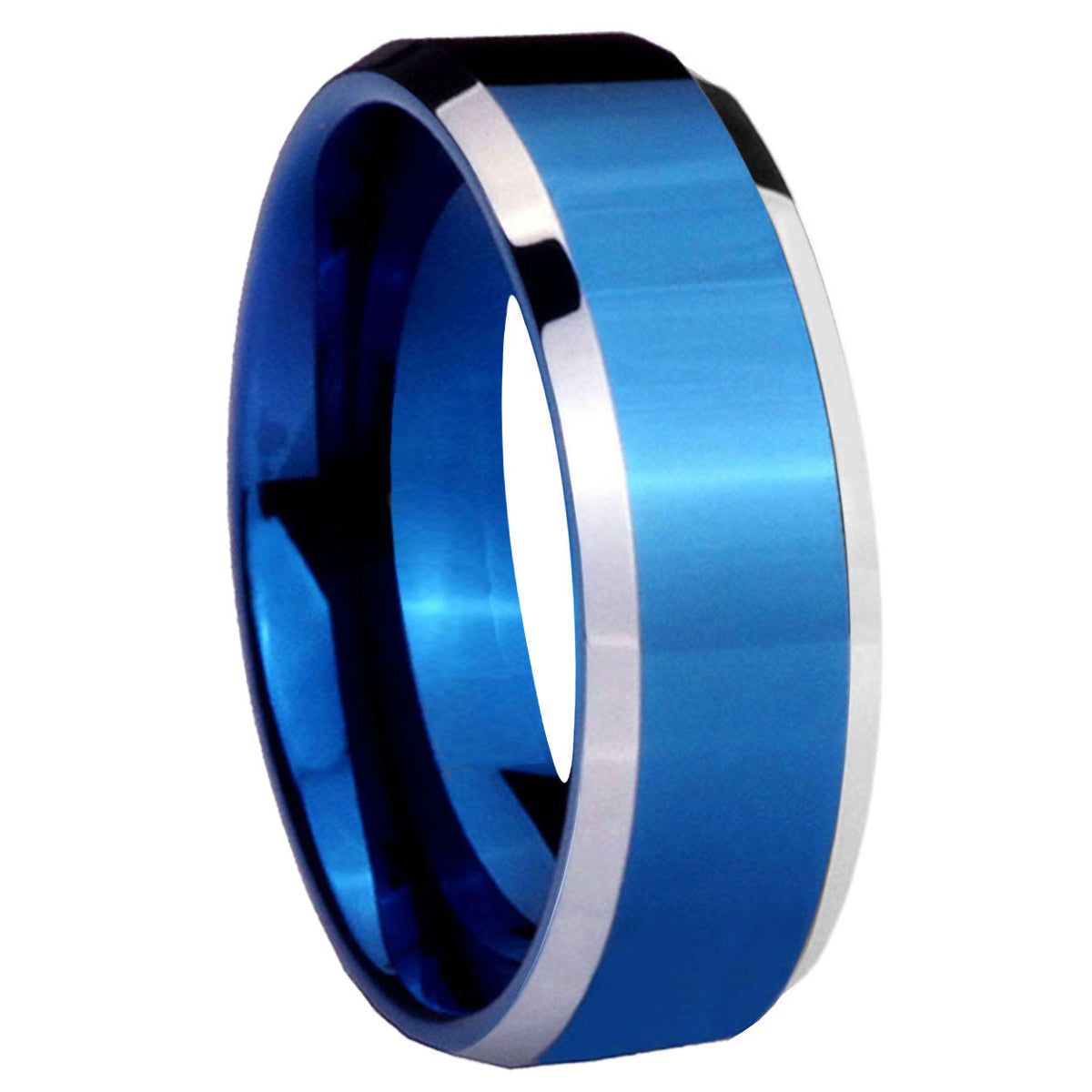 Blue Riungs Beveled Blue Tungsten Rings with Custom Engraving | Silver Edges ...