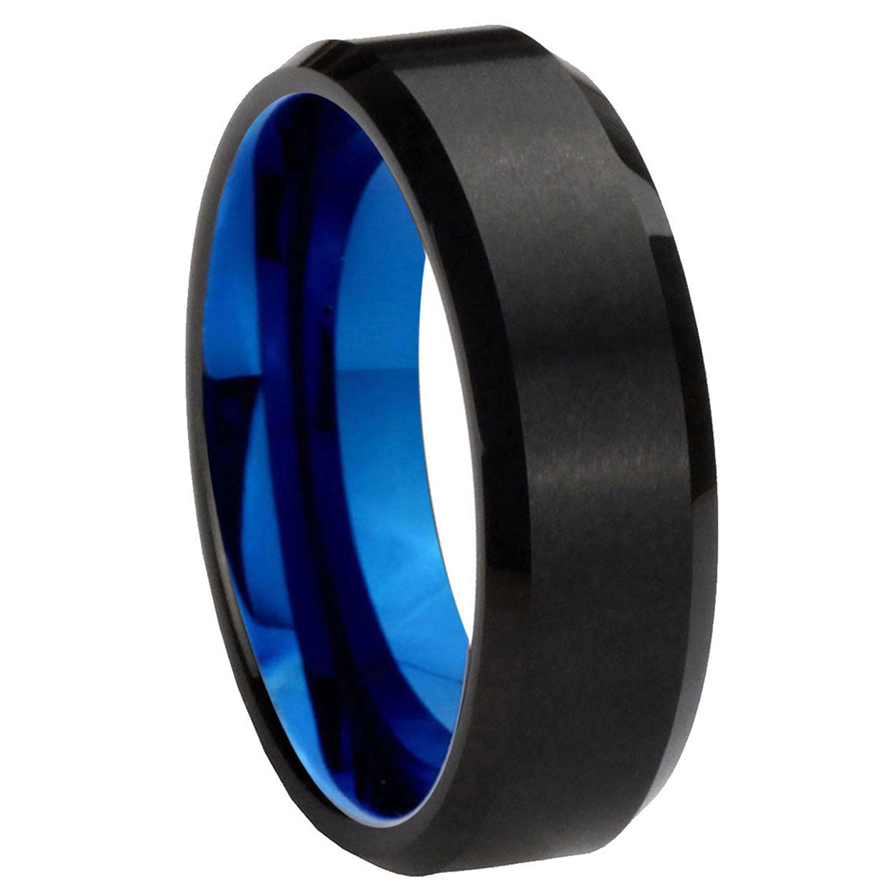 Beveled Black Tungsten Rings with Blue Interior
