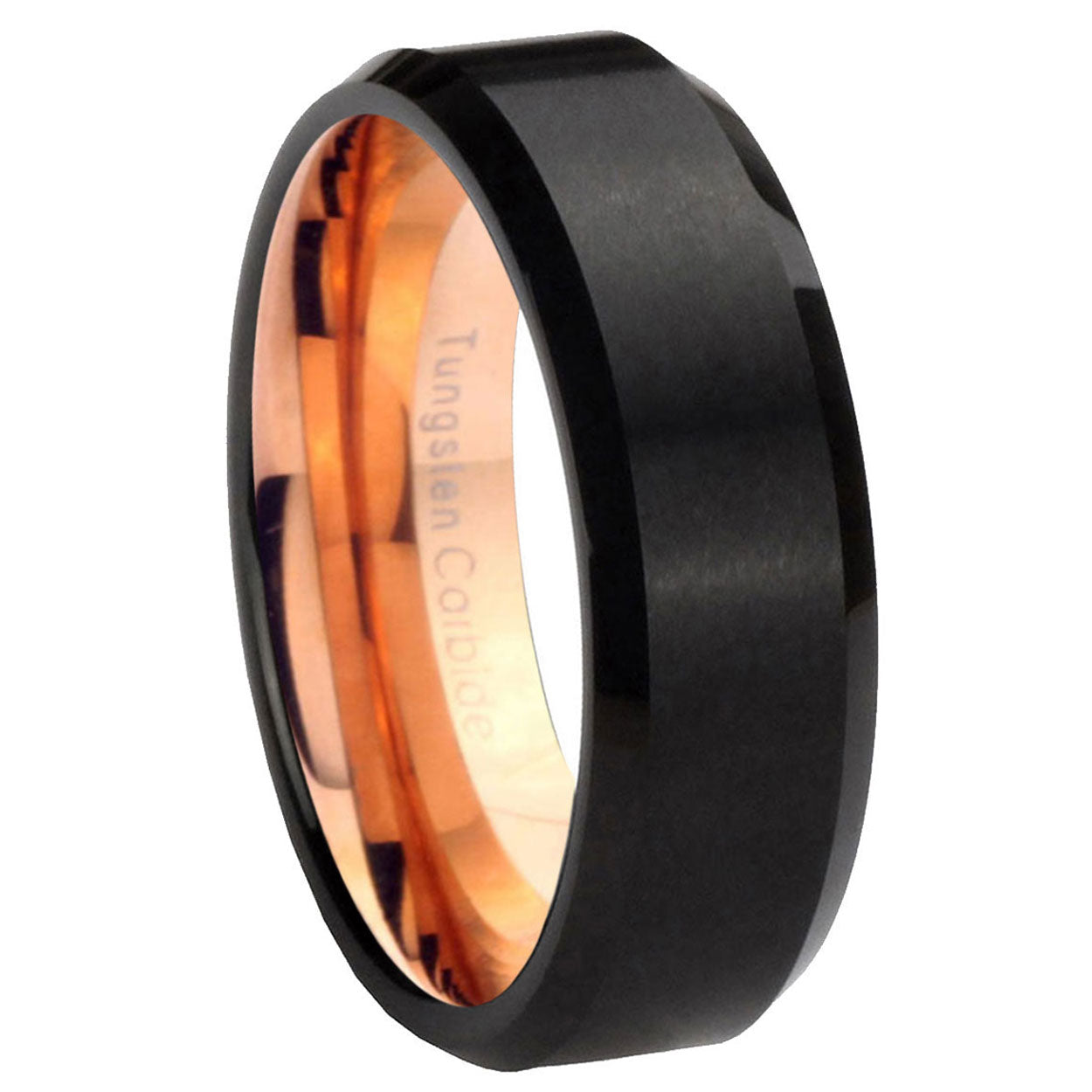 Beveled Black Tungsten Rings with Rose Gold Interior