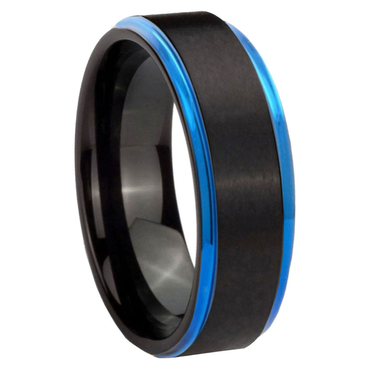 Step Edge Brushed Black Tungsten Rings with Blue Edges