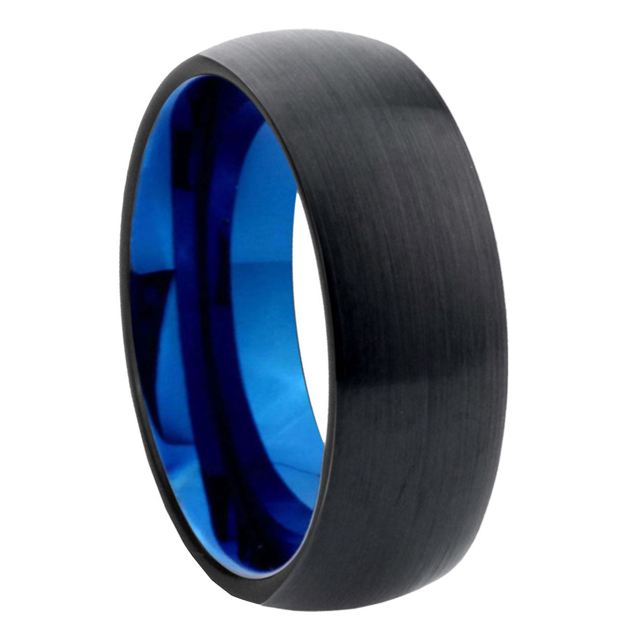 Classic Dome Brushed Black Tungsten Rings with Blue Interior