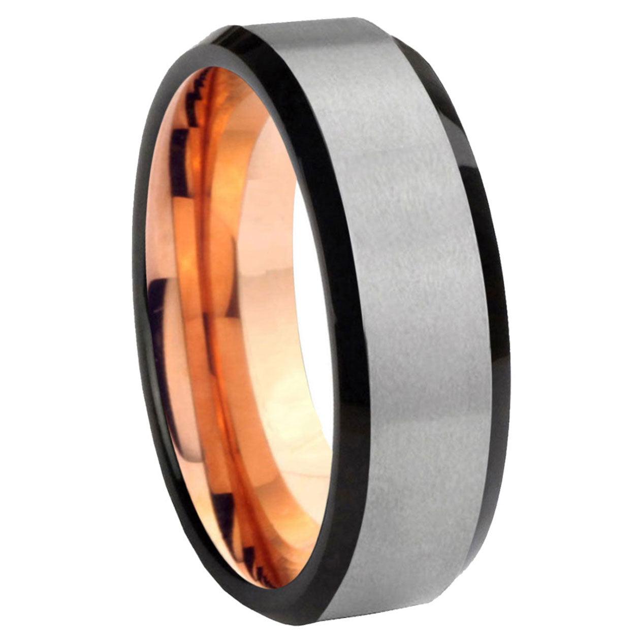 Beveled Gray Tungsten Rings with Rose Gold Interior