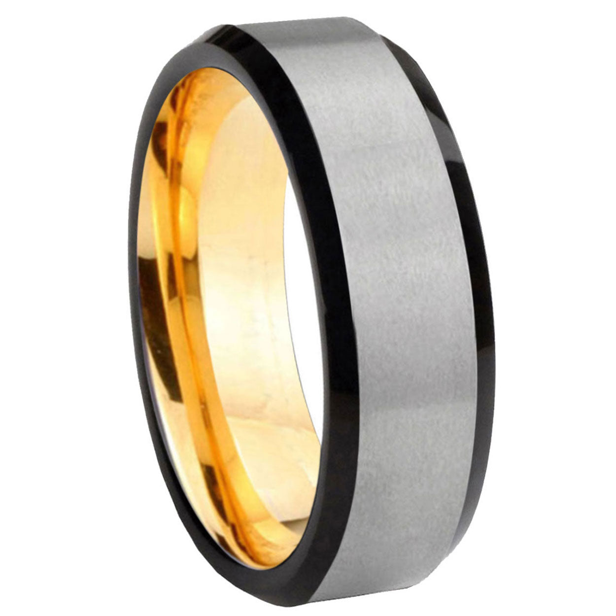 Beveled Gray Tungsten Rings with Gold Interior
