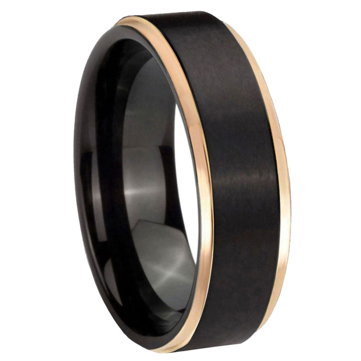 Step Edge Brushed Black Tungsten Rings with Rose Gold Edges