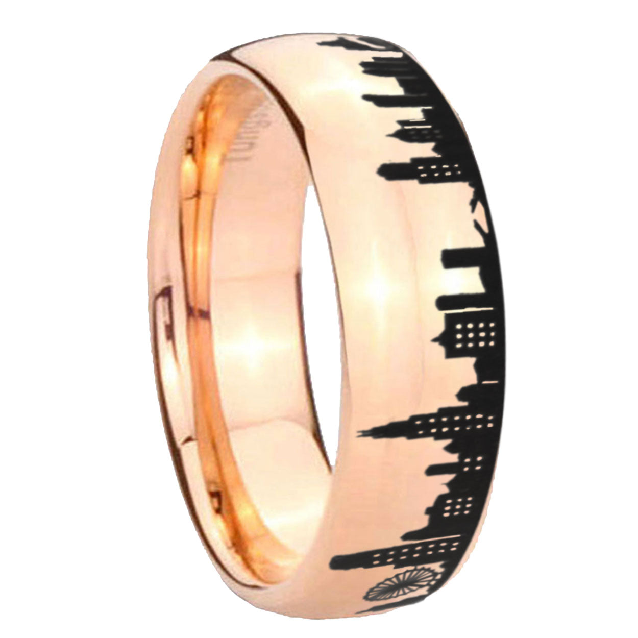 8MM Chicago City Dome Polish Rose Gold Tungsten Mens Wedding Ring