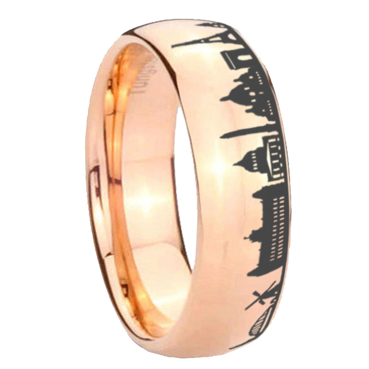 8MM France Paris City Dome Polish Rose Gold Tungsten Ring