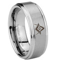 8mm Freemason Masonic Step Edge Brushed Silver Tungsten Band