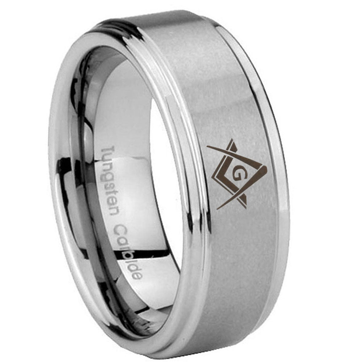 8mm Freemason Masonic Step Edge Brushed Silver Tungsten Band