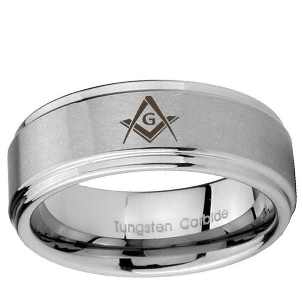 5mm Freemason Masonic Step Edge Brushed Silver Tungsten Band