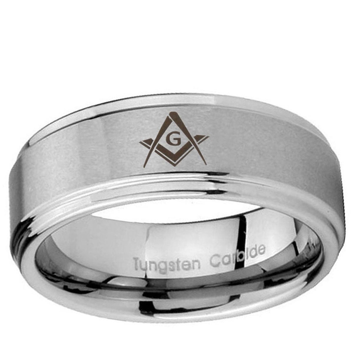 5mm Freemason Masonic Step Edge Brushed Silver Tungsten Band