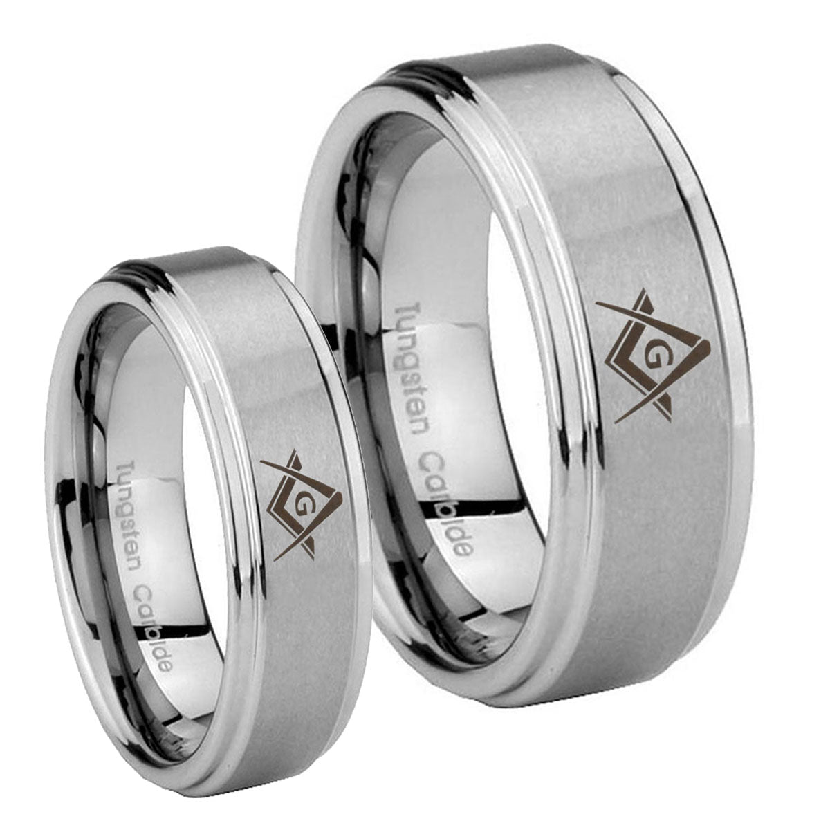 Freemason Masonic Step Edges Brushed Tungsten Bridal Set Rings