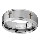 8mm-Crosses-Step-Edges-Brushed-Tungsten-Carbide-Men's-Wedding-Band