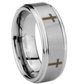 8mm Crosses Step Edges Brushed Silver Tungsten Men Bands