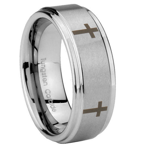 8mm Crosses Step Edges Brushed Silver Tungsten Men Bands