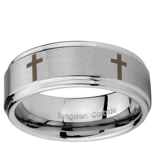 5mm Crosses Step Edges Brushed Silver Tungsten Men Bands